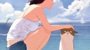 Original Characters Sea Anime Anime Girls Fish Food Cats Pixiv Women Women Outdoors Windy Animals 1414x2000 Wallpaper