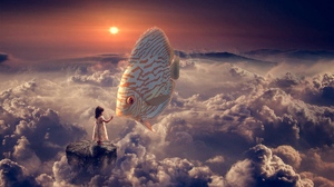 Artistic Cloud Fantasy Fish Little Girl Rock Sun 1920x1080 Wallpaper