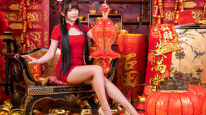 Asian Model Women Long Hair Dark Hair Sitting Lampions Twintails 3840x2559 Wallpaper