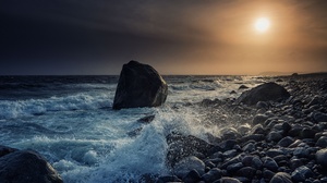 Norway Nature Sea Coast Waves Storm Stones Rock Sky Clouds Sunset Water 3840x2160 Wallpaper