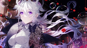 Anime Anime Girls Long Hair White Hair Purple Eyes Flowers Rose Bubbles Pointy Ears Looking At Viewe 3163x2236 Wallpaper