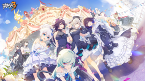 Honkai Impact Anime Games Dress Wedding Dress Flowers Looking At Viewer Gloves Elbow Gloves Sky Clou 1920x1080 Wallpaper