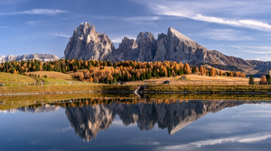 Nature Landscape Italy Dolomites Mountains Lake Reflection Forest Water Clouds Sky Fall 3840x2160 Wallpaper