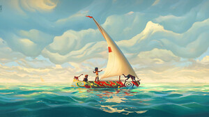 Victor Sales Digital Art Fantasy Art Water ArtStation Landscape Sailing Ship Diving Children Monkey  1920x964 Wallpaper