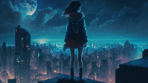 Anime Girls City Architecture Skyline Midnight Ai Art Night Skyscraper Rooftops Cityscape City Light 3136x1792 Wallpaper