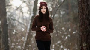 Women Portrait Snow Trees Depth Of Field Women Outdoors Brown Sweater Dark Hair Winter 2048x1367 Wallpaper