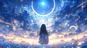 Anime Anime Girls Pixiv Colorful Standing Sky Stars Clouds Flowers Long Hair Leaves Looking Into The 1369x1031 Wallpaper
