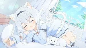 Cat Girl Original Characters Anime Girls Cat Ears Cat Tail Lying On Front Braids Braided Hair Wings  2048x1152 Wallpaper