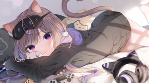 Anime Girls Anime Cat Girl Cat Ears Cat Tail Purple Eyes Headphones PlayStation 4 Nintendo Switch Co 1920x1080 Wallpaper