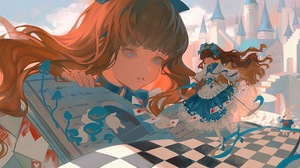 Anime Anime Girls Dress Checkered Long Hair Redhead Blue Eyes Closed Eyes Sky Castle Clouds Heels Mu 4995x2314 Wallpaper