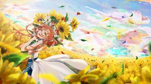 Digital Art Artwork Illustration Anime Field Sky Flowers Anime Girls White Dress Blonde Clouds Sunfl 3000x2121 Wallpaper