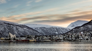 Cityscape Tromso The Artic Cathedral Norway Fjord Mountains Snow Nature Sky Clouds Village 1920x1080 wallpaper