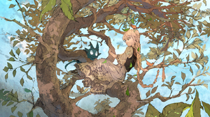 Anime Anime Girls Trees Branch Leaves Birds Long Hair Dress Blonde Braided Hair Braids 1405x1003 Wallpaper