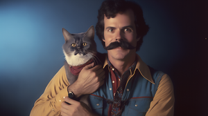 Ai Art Mustache Men Cats Portrait 1980s Face Looking At Viewer Simple Background 3136x1792 wallpaper