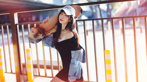 Serene Liu Women Model Asian Brunette Baseball Caps Dress Black Dress Skateboard Jeans Jacket Jacket 2048x1366 Wallpaper