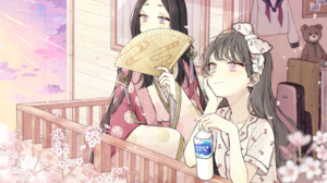 Akakura Anime Girls Fans Water Bottle Petals Flowers Teddy Bears 2786x1566 Wallpaper