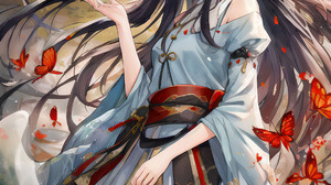 Anime Anime Girls Ai Art Butterfly Black Hair Red Eyes Vertical Dress Japanese Clothes 2666x4000 Wallpaper