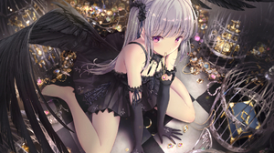 Original Characters Crow Silver Hair Anime Girls Wings Checkered Jewels 1842x1302 Wallpaper