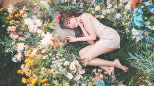 Sexy Funk Pig Women Asian Brunette Closed Eyes Dress Pink Clothing Sleeping Barefoot Flowers Plants  2048x1365 Wallpaper