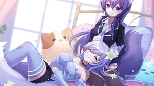 Anime Anime Girls Fox Girl In Bed Purple Hair Smiling Two Women Long Hair Closed Eyes Flower In Hair 2334x1440 Wallpaper