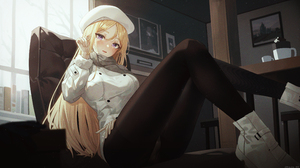 Anime Anime Girls Sitting Blonde Purple Eyes Long Hair Hat Uniform Scarf Looking At Viewer Chair Wat 3840x2160 Wallpaper