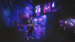 Shinobu Urusei Yatsura Kimetsu No Yaiba Neon Cyberpunk Street Anime Anime Girls Purple Background Cy 2560x1440 Wallpaper