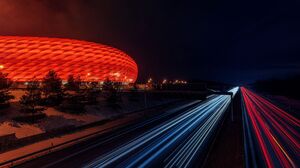 Road Germany Munich Highway Night Stadium Bayern Munchen Motion Blur Allianz Arena Long Exposure 2560x1440 wallpaper