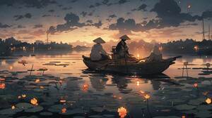 Boat Sunset Glow Fishermen Fisherman Water City Lights Clouds Water Lilies Straw Hat Flowers Sky 1456x816 Wallpaper