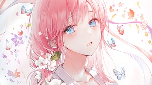 Anime Anime Girls Pink Hair Blue Eyes Blushing Petals Flowers Long Hair Butterfly White Background P 2340x1741 Wallpaper