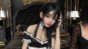 Sir Tancrede CGi Women Dark Hair Maid Outfit Maid Hands In Hair Bed Pillow Gold Portrait Asian 1920x1080 Wallpaper