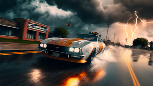 Ai Art Driving Muscle Cars Storm Lightning Clouds Road Car Headlights 3060x2048 Wallpaper