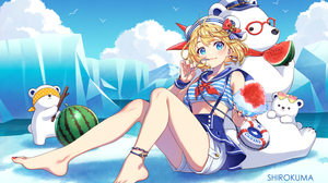 Anime Anime Girls Watermelons Signature Blushing Feet Sky Clouds Water Looking At Viewer Blonde Blue 1481x1048 wallpaper