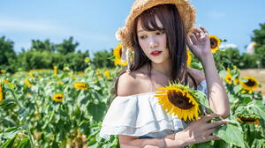 Asian Model Women Long Hair Dark Hair Field Flowers Straw Hat White Dress Sunflowers Bare Shoulders 1920x1280 Wallpaper