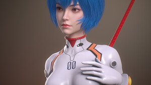 Cifangyi CGi Women Neon Genesis Evangelion Ayanami Rei Blue Hair Bob Hairstyle Red Eyes Simple Backg 3840x3840 Wallpaper