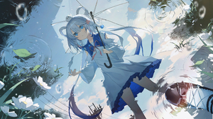 Anime Pixiv Anime Girls Long Hair Umbrella Water Leaves Flowers Blue Hair Blue Eyes Water Drops Refl 3508x2480 Wallpaper