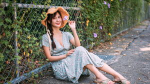 Asian Model Women Long Hair Brunette Women Outdoors Fence Braided Hair Straw Hat Barefoot Sandal Sit 1920x1259 Wallpaper