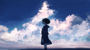 Anime Anime Girls Short Hair Black Hair Women Students Schoolgirl Uniform Landscape Clouds Digital D 3500x1902 wallpaper