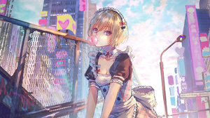 Anime Girls Blonde Short Hair Maid Outfit Maid Building City Looking At Viewer Clouds Low Angle Chew 1920x1080 Wallpaper