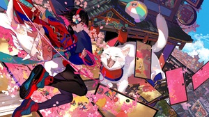 Anime Anime Girls Flowers Petals Cats Fish Dog Animals 1999x1284 Wallpaper