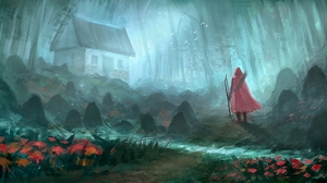 Bow Cape Forest House Red Riding Hood Woman Warrior 2137x1080 Wallpaper