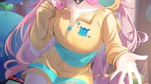 Anime Anime Girls Digital Art Artwork Pixiv 2D Pink Hair Blue Eyes Controllers Soda Coca Cola Ninten 1198x1800 Wallpaper