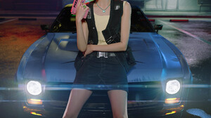 Seungmin Kim CGi Women Purple Hair Straight Hair Short Hair Green Freckles Car Neon Toy Gun Vertical 1920x2688 Wallpaper