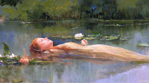 Women Artwork Fantasy Art Fantasy Girl Closed Eyes Women Outdoors Floating In Water Flowers Redhead  2314x1080 Wallpaper