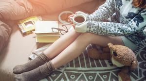 Model Blue Clothing Socks Legs Together Sitting Coffee Cup Sweater Women 2880x1800 wallpaper
