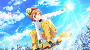 Hoshizora Rin Love Live Anime Anime Girls One Eye Closed Trees Snow Clouds Sky Hat Snowboard Snowboa 3600x1800 Wallpaper