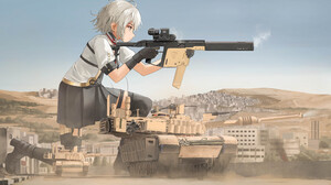 Anime Girls Tank Weapon Profile Girls Frontline Giant Uniform Sky City Building Military Vehicle Sho 7428x4382 Wallpaper