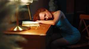 Women Model Redhead Bokeh Closed Eyes Sleeping Dress Sitting Desk Chair Lamp Depth Of Field Dark Den 2400x1600 wallpaper
