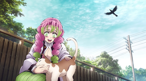 Mitsuri Kanroji Kimetsu No Yaiba Anime Girls Cats Animals Sky Clouds Birds Two Tone Hair Moles Mole  3840x2160 Wallpaper