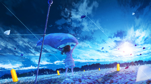 Anime Girls Arms Up Field Flowers Sky Petals Blue Flowers Clouds Windy Sun Sunrise Shorts Solo White 1920x1200 Wallpaper