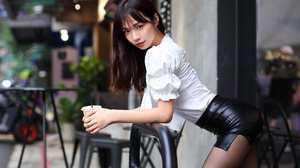 Asian Women Model Long Hair Dark Hair Leaning Skirt 3840x2560 Wallpaper